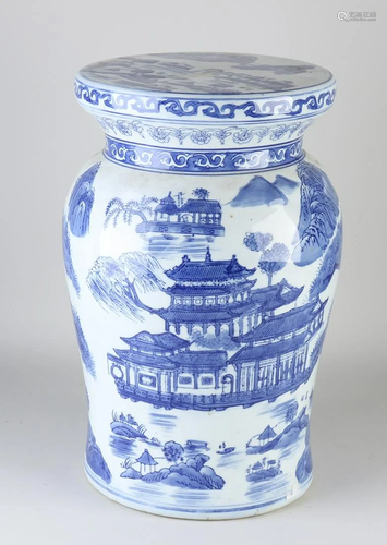 Chinese porcelain hocker with landscape/pagoda decor.