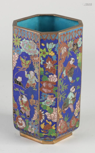 Chinese cloisonne vase. Octagonal. With floral/crazy