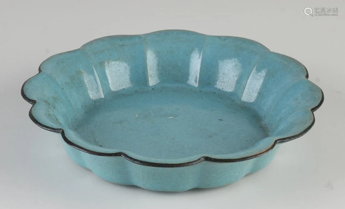 Chinese porcelain flower bowl with blue glaze.