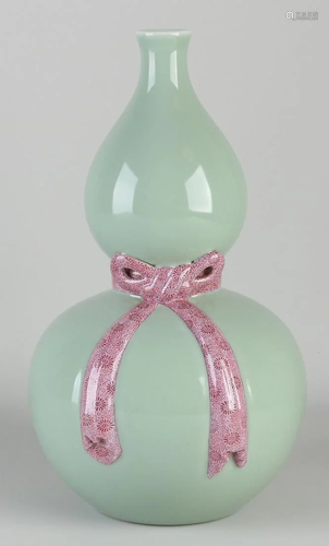 Large Chinese porcelain celadon knob vase with pink