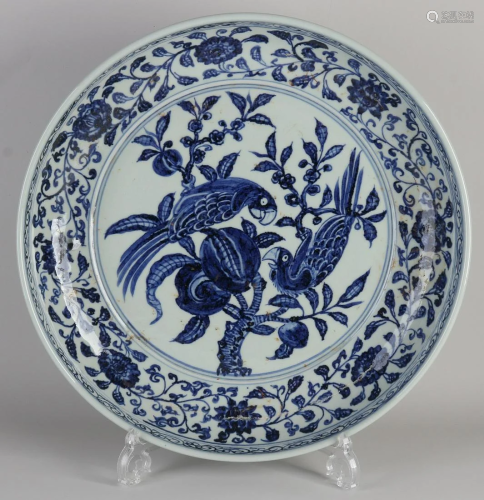 Large Chinese porcelain bowl with parrots in fruit tree