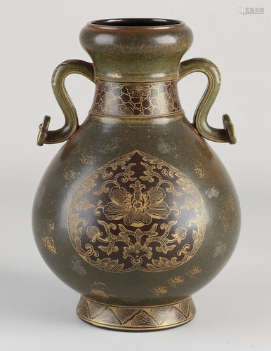 Chinese porcelain vase with handles, bronze glaze and