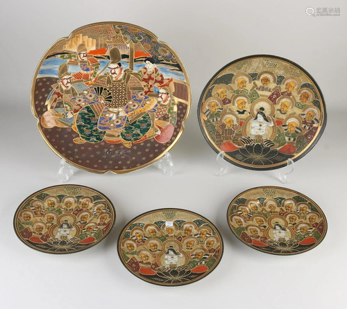 Five antique Japanese Satsuma porcelain plates with