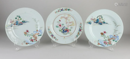 Three Chinese porcelain Family Rose plates. 18th