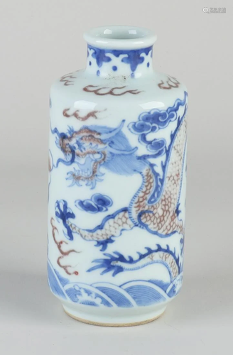 Chinese porcelain scroll vase with dragon decor. With