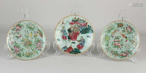 Three Chinese porcelain celadon plates with various