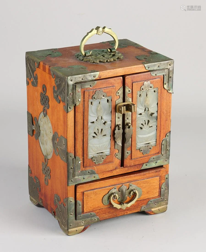 Chinese hardwood jewelry box with brass applications