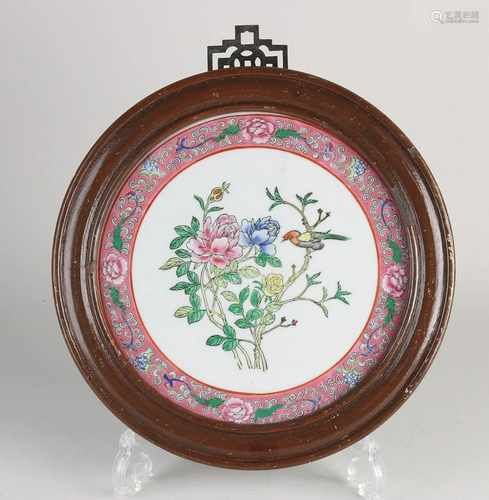 Old Chinese porcelain Family Rose plaque in wooden