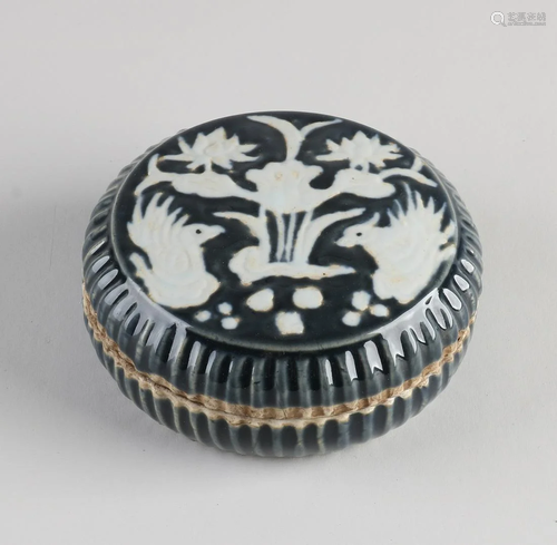 Chinese porcelain lidded box with water bird decor.