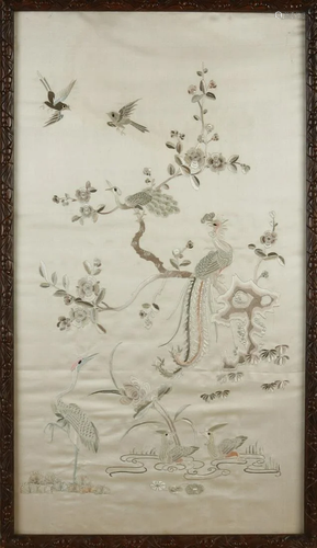 Chinese silk artwork in a wood-carved frame. With