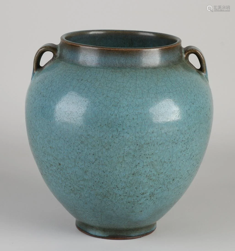 Chinese porcelain celadon ear vase with blue/green