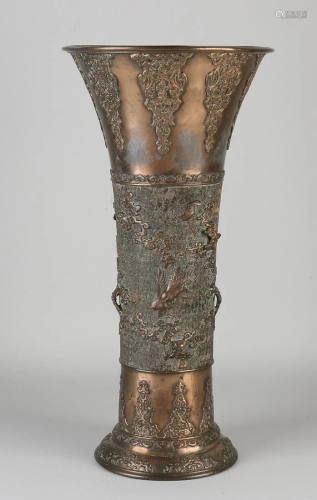 Chinese bronze vase with ornaments + bird decor. Hole