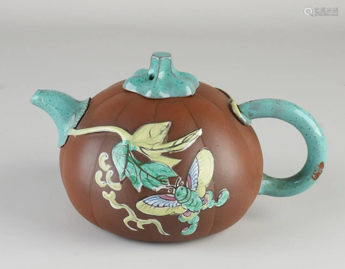 Chinese Yixing teapot with glaze. Floral/butterfly