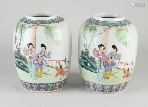 Two Chinese porcelain Family Rose vases with geishas