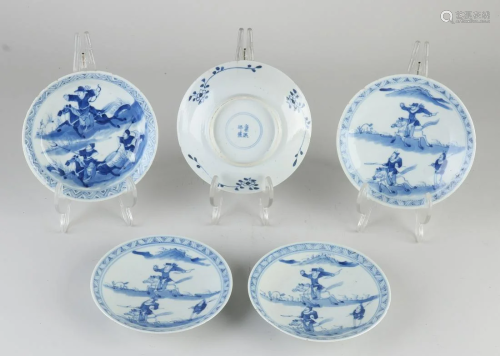 Five 19th century Chinese porcelain dishes with riders
