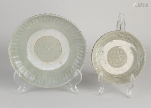 Two Chinese celadon porcelain dishes with floral