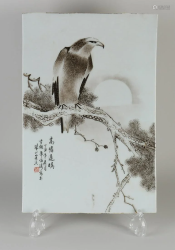 Large Chinese porcelain plaque with bird of prey, text