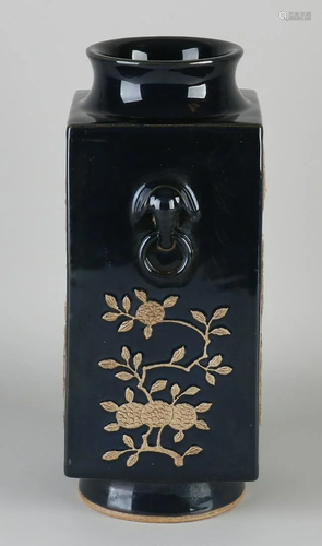 Large Chinese porcelain square vase with black glaze