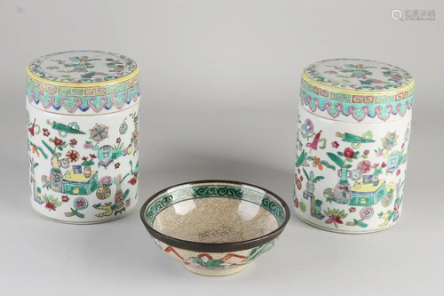 Three parts Chinese porcelain. Consisting of; two large