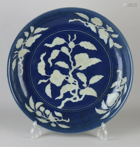 Large Chinese porcelain dish with blue glaze + fruit