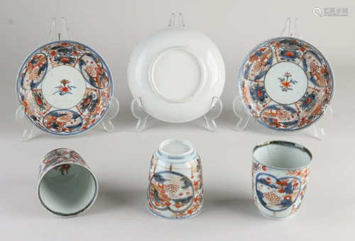 Three Chinese porcelain Imari chocolate cups + saucers