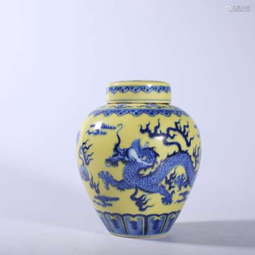 Qing Dynasty-Qianlong Yellow Ground Blue and White Dragon Ja...