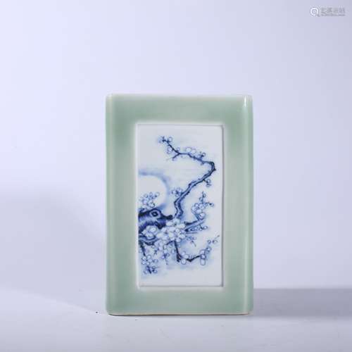 Qing Dynasty-Qianlong Bean Celadon Blue and White Square Pen...