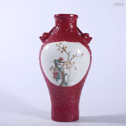 Qing Dynasty-Qianlong red-glazed famille rose double-eared v...