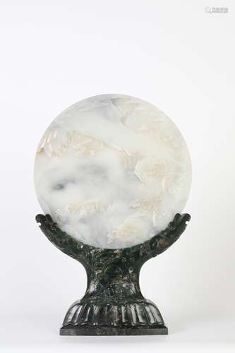 QIANLONG Hetian jade relief figure round insert screen