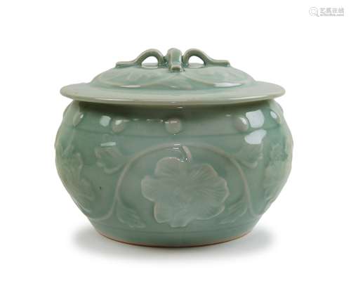 CHINESE CELADON RELIEF  LIDDED JAR