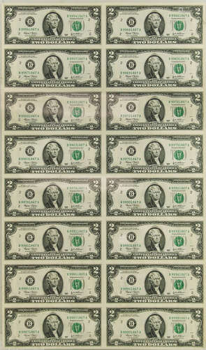 16 PC FRAMED UNCUT SHEET OF $2 BILLS