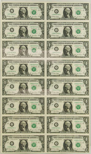 16 PC FRAMED UNCUT SHEET OF $1 BILLS