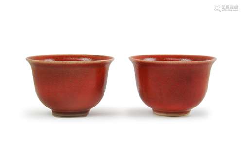 PAIR OF CHINESE CORAL-RED GLAZED TEA CUPS