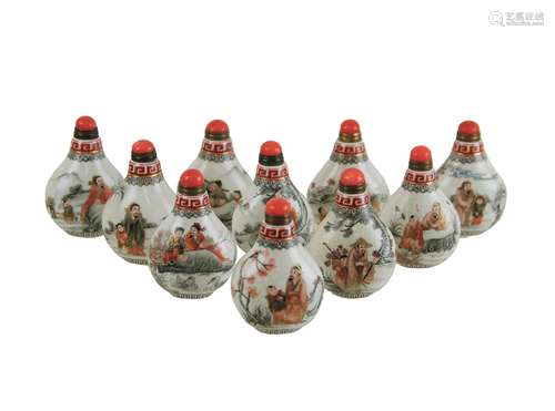 COLLECTION OF TEN PORCELAIN SNUFF BOTTLES & BOX