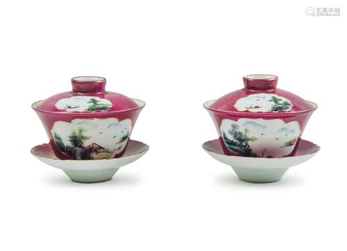 PAIR OF BERRY GLAZED TEA CUPS LIDS AND SAUCER