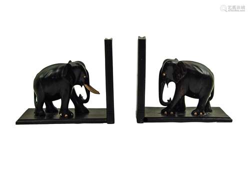 CARVED WOOD ELEPHANT BOOKENDS