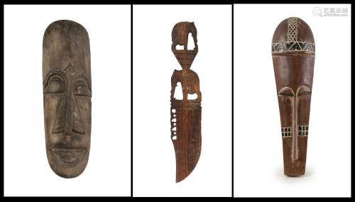 TWO CARVED WOOD AFRICAN MASKS AND CEREMONIAL KNIFE