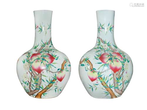 PAIR OF LARGE FAMILLE ROSE PEACH PATTERN VASES