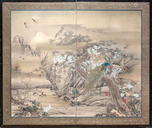 JAPANESE PAINT ON PAPER SCREEN, BIRDS AND FLOWERS