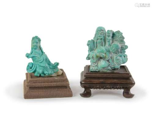TWO TURQUOISE CARVED CHINESE GODDESS AND FULUSHOU