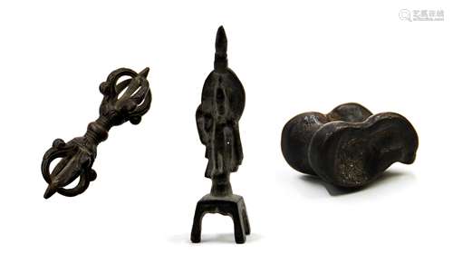 THREE BRONZE, FIGURE, GAME PIECE AND DHARMA VAJRA