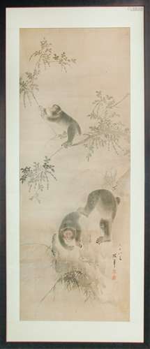 FRAMED CHINESE INK ON SILK MONKEYS