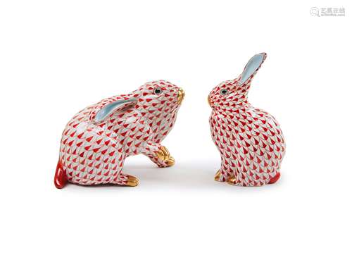 PAIR OF HEREND HUNGRY PORCELAIN RABBITS