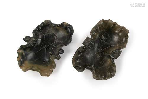 PAIR OF JADE CARVED LOTUS SHAPE  INK WELL