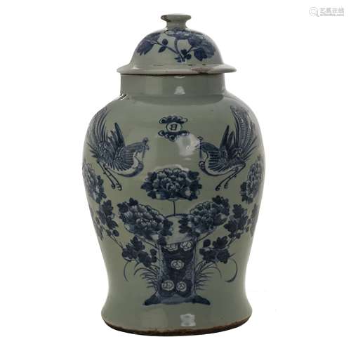 CHINESE CELADON GLAZED BLUE JAR WITH LID