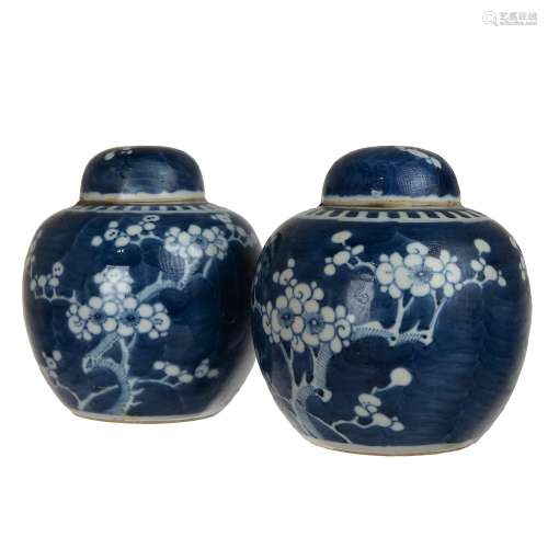 PAIR OF BLUE AND WHITE BLOSSOM JARS