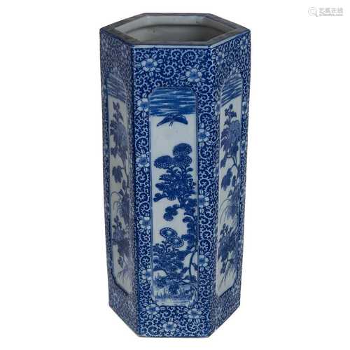 BLUE AND WHITE HEXAGONAL VASE