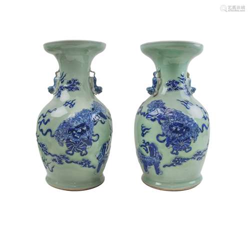 PAIR OF CELADON GLAZED FOO LION VASES