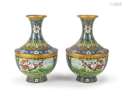 PAIR OF CLOISONNE VASES DECORATED CRANE