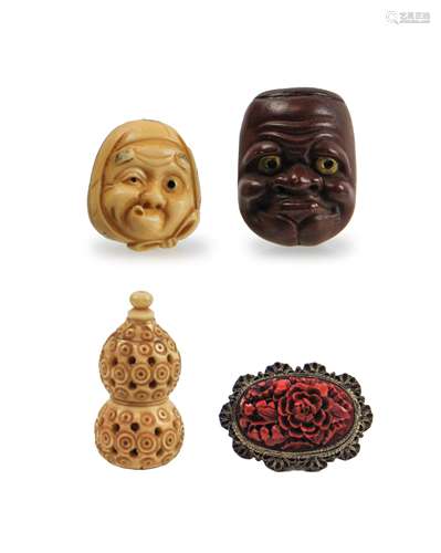 TWO JAPANESE NETSUKE,CINNABAR BROACH,BONE PERFUMER